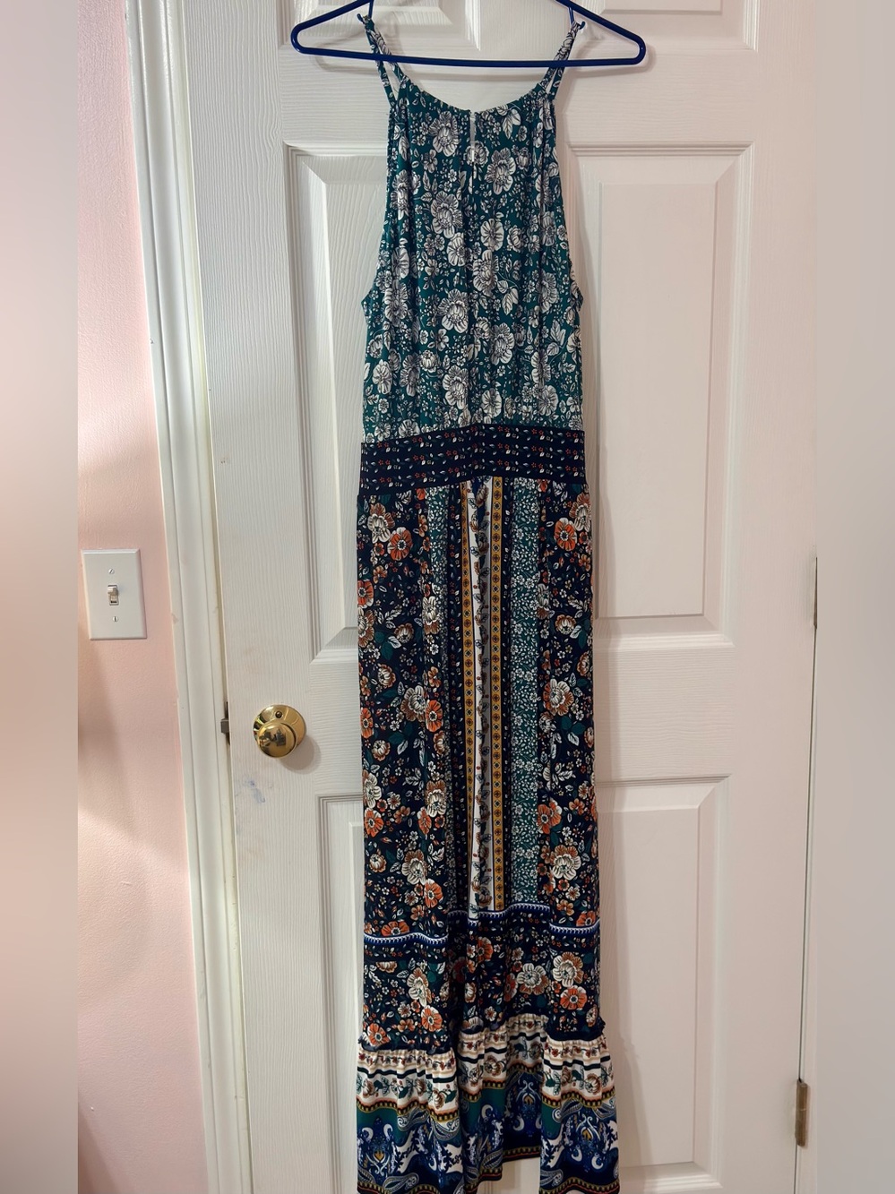 Wisp Wiley Maxi Dress Size 14 Teal Floral Boho Halter Stretch Jersey Resort